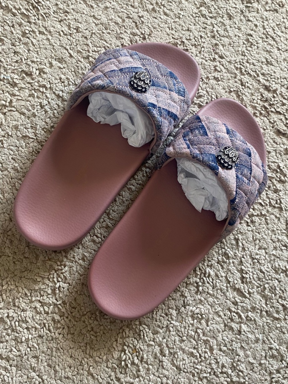 Kurt Geiger Pink Quilted Slide Sandals with Blue Accent